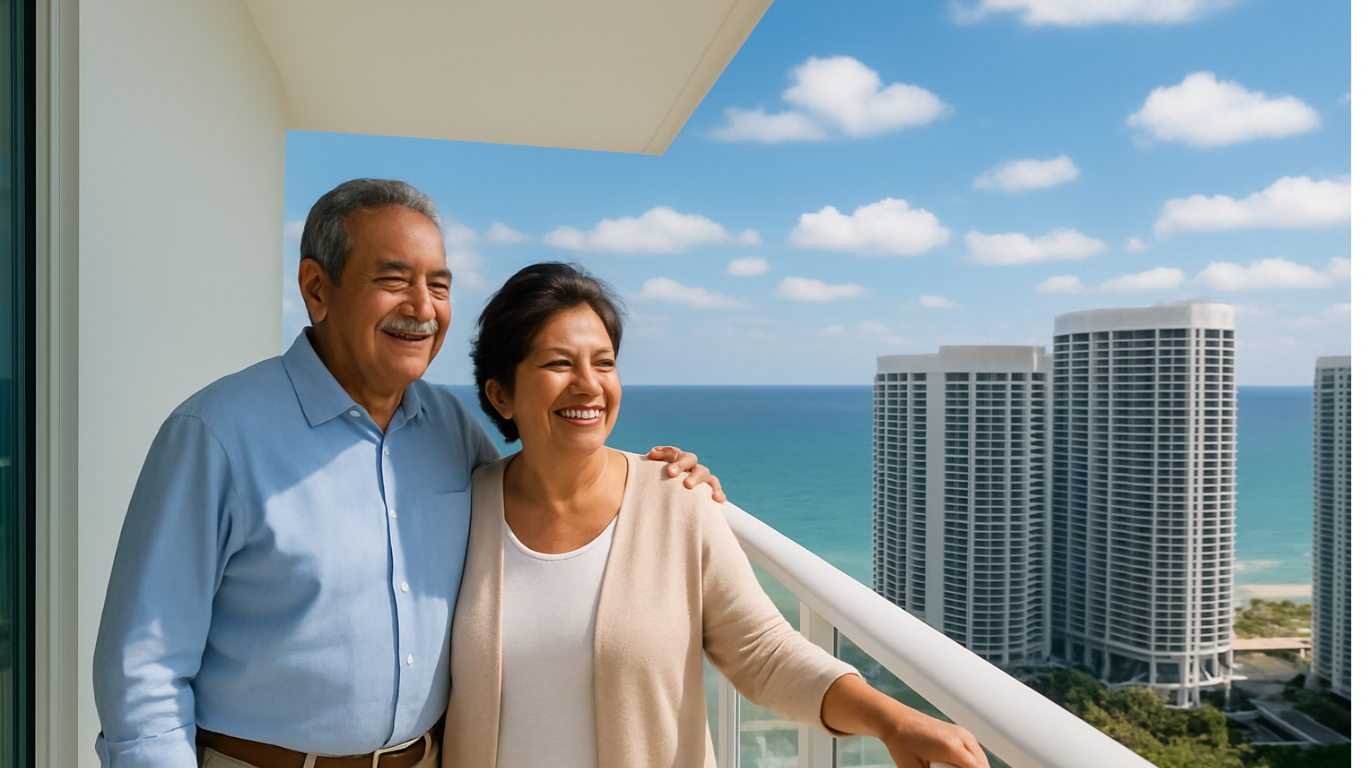 a senior woman and a senior man on their Florida condo balcony