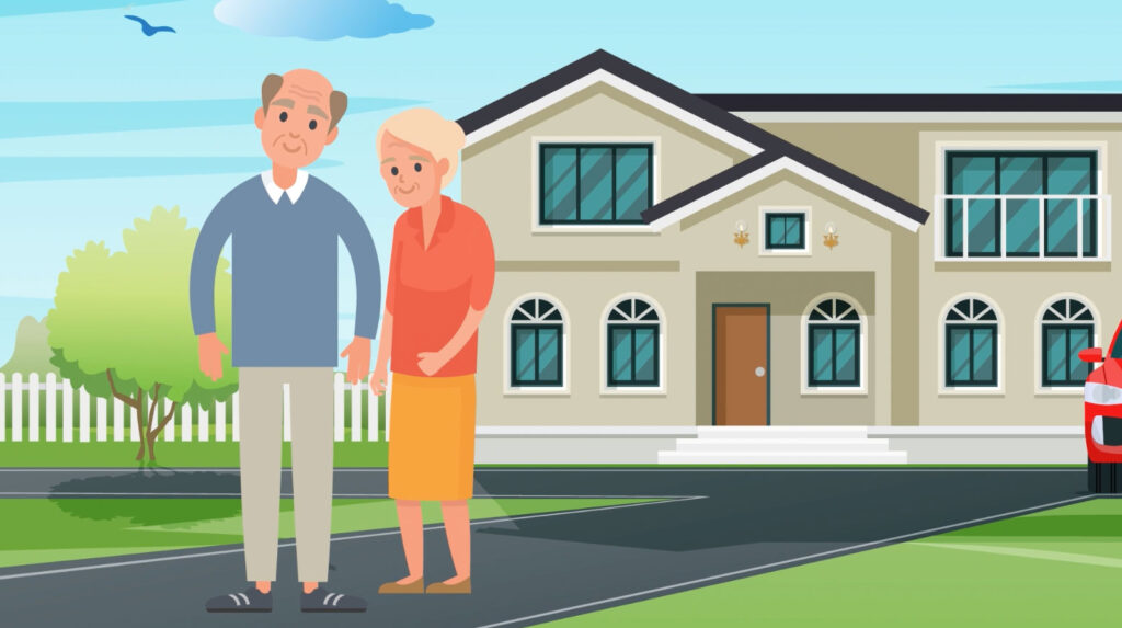 clipart image of a senior couple standing on a driveway outside of a house