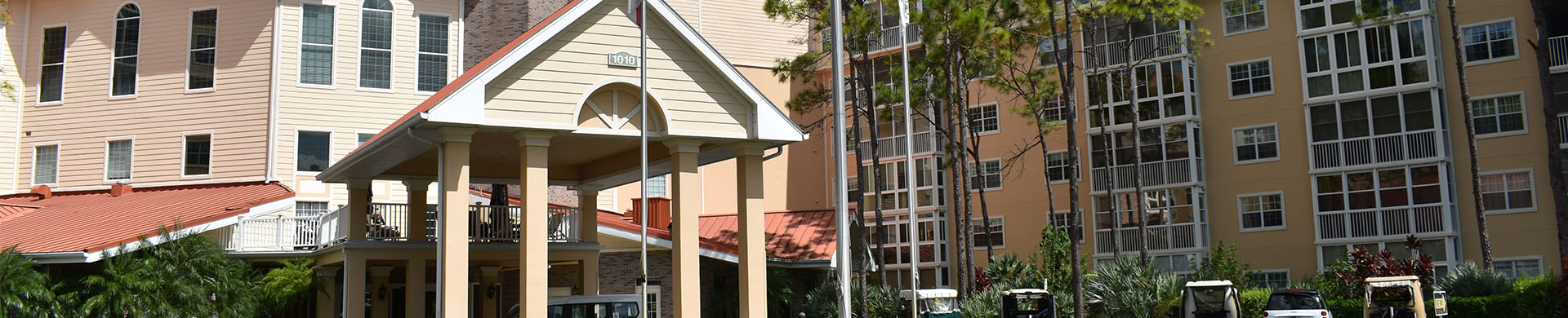 View of the front entrance outside Freedom Plaza senior living community