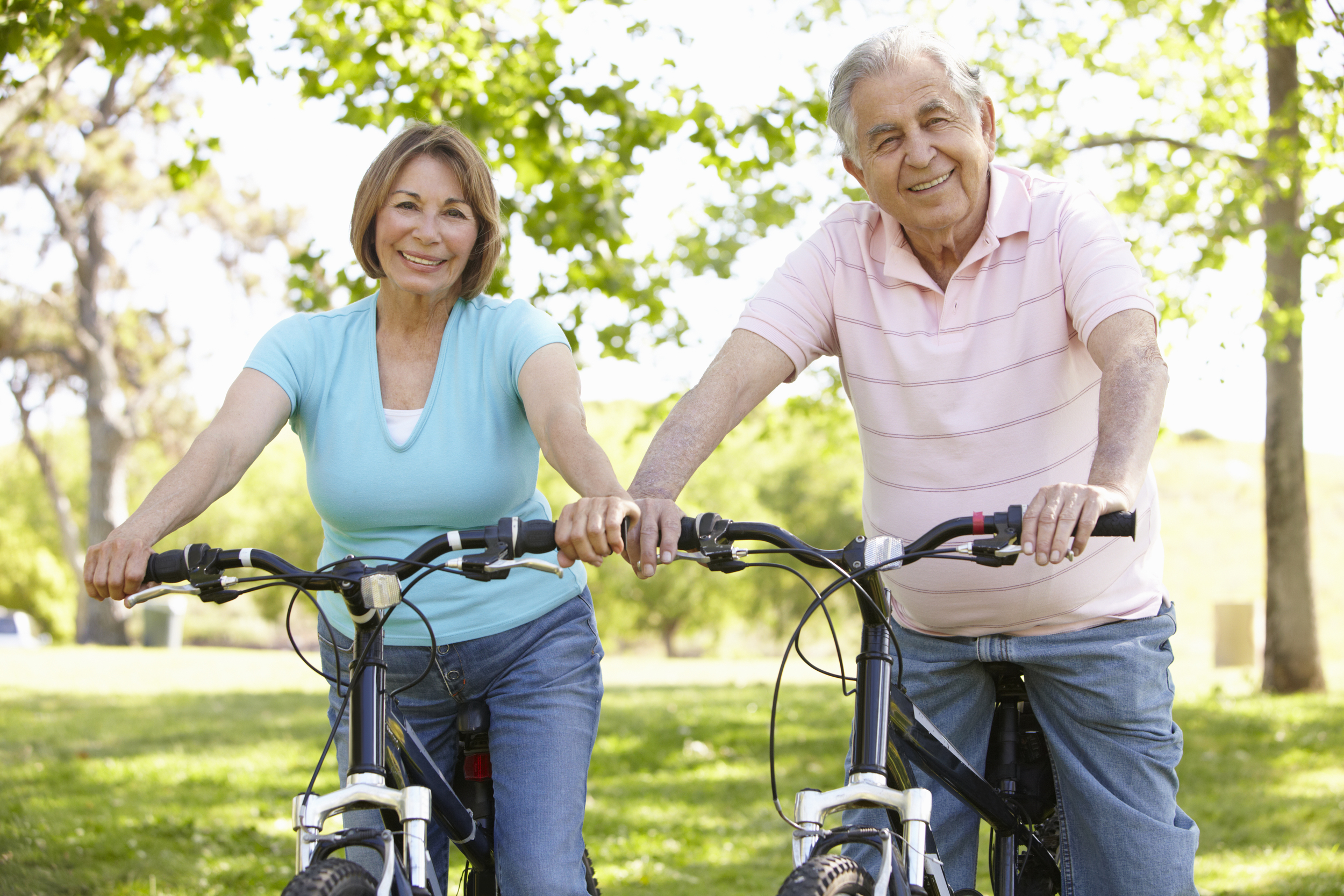 Senior couple sitting on bikes in a park